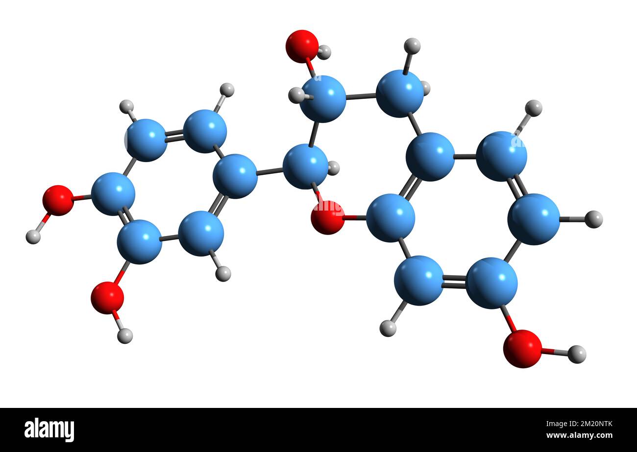 3D-Bild einer Fisetinidol-Skelettformel - molekularchemische Struktur von Tetrahydroxyflavan isoliert auf weißem Hintergrund Stockfoto
