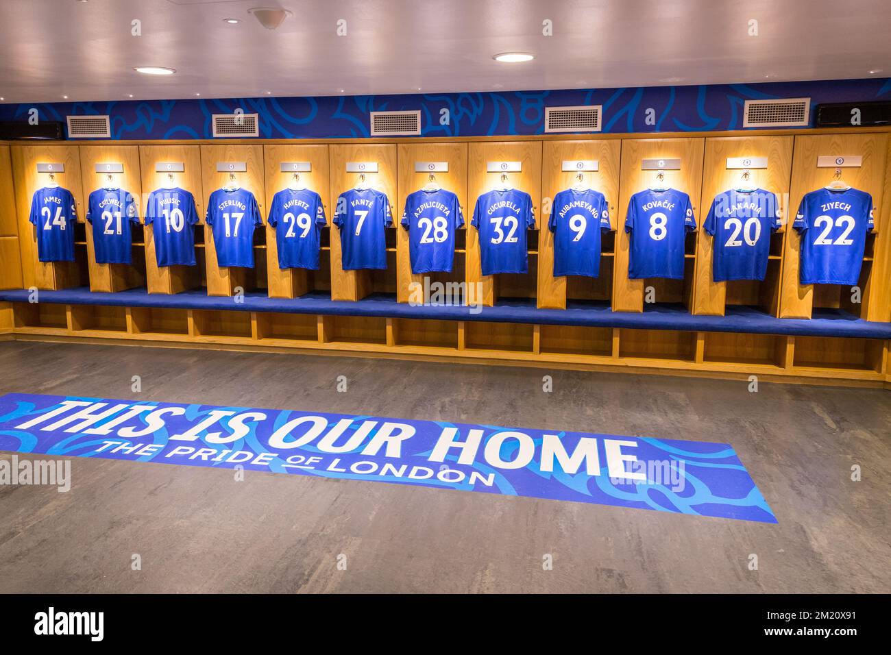 Umkleidekabinen des Chelsea Football Club im Stamford Bridge Stadium Stockfoto