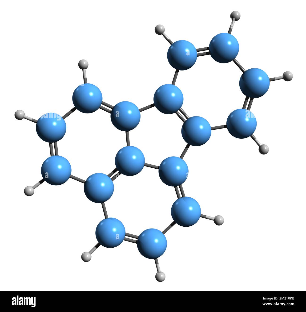 3D-Bild der Fluoranthen-Skelettformel - molekularchemische Struktur des auf weißem Hintergrund isolierten Benzofluorens Stockfoto