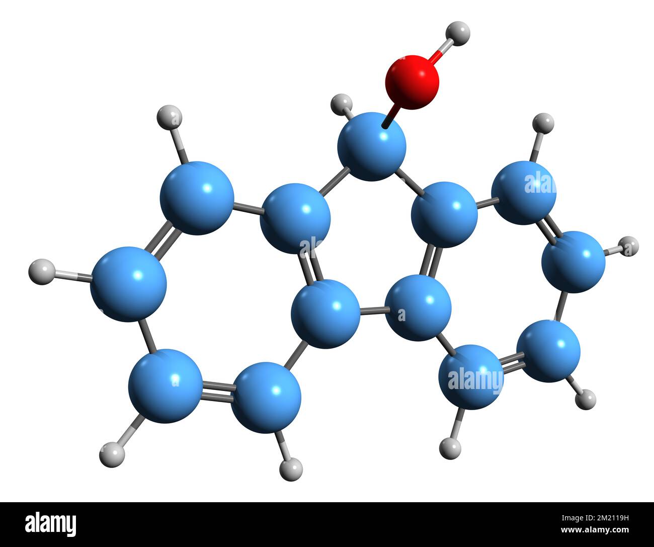3D-Bild der Fluorenol-Skelettformel - molekularchemische Struktur von 9-Hydroxyfluoren, isoliert auf weißem Hintergrund Stockfoto