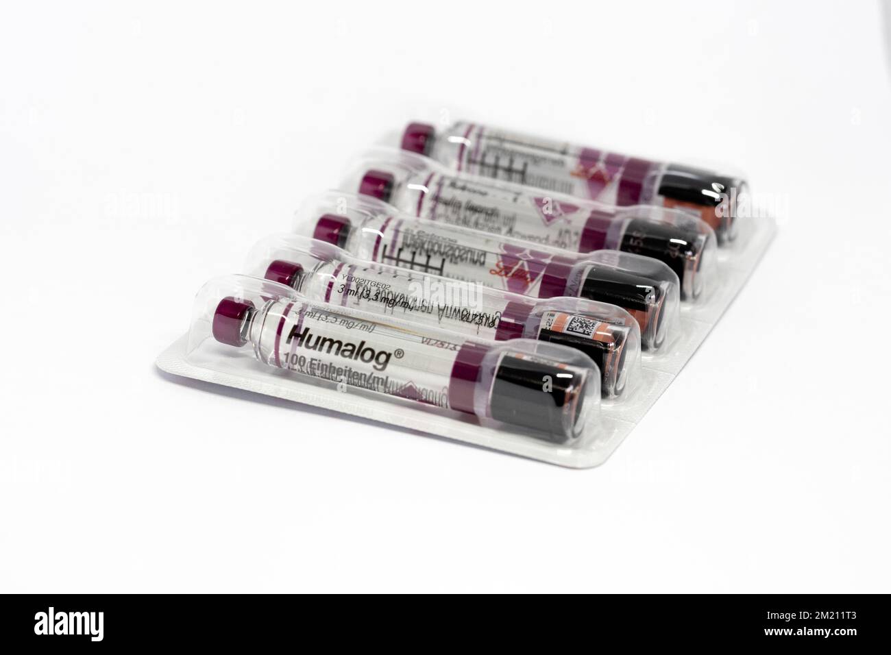 Blisterpackung mit fünf Durchstechflaschen Humalog Insulin von Eli Lilly Stockfoto