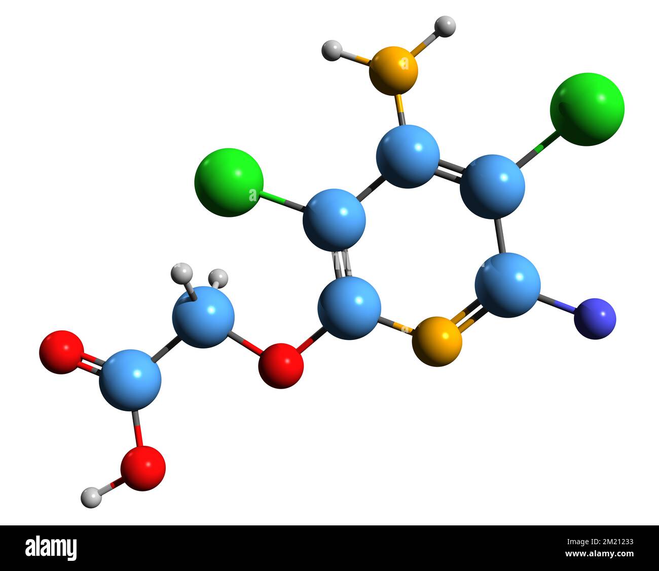 3D-Bild der Fluroxypyr-Skelettformel - molekularchemische Struktur von synthetischem Auxin isoliert auf weißem Hintergrund Stockfoto