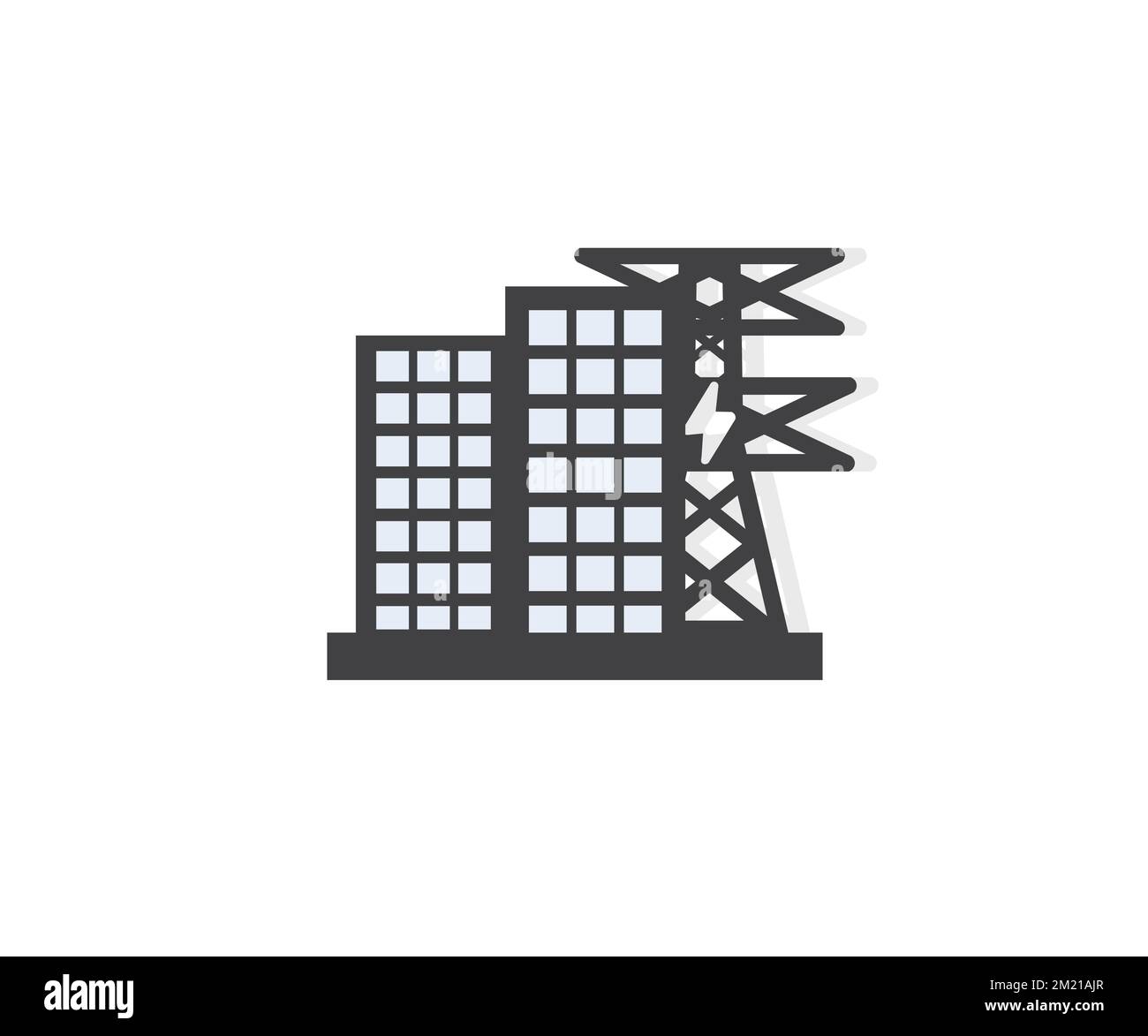Hochspannungsmasten für Energieübertragung und -Verteilung Logo-Design. Powerline-Netzwerk von Stadtlandschaften Icon-Vektordesign. Stock Vektor