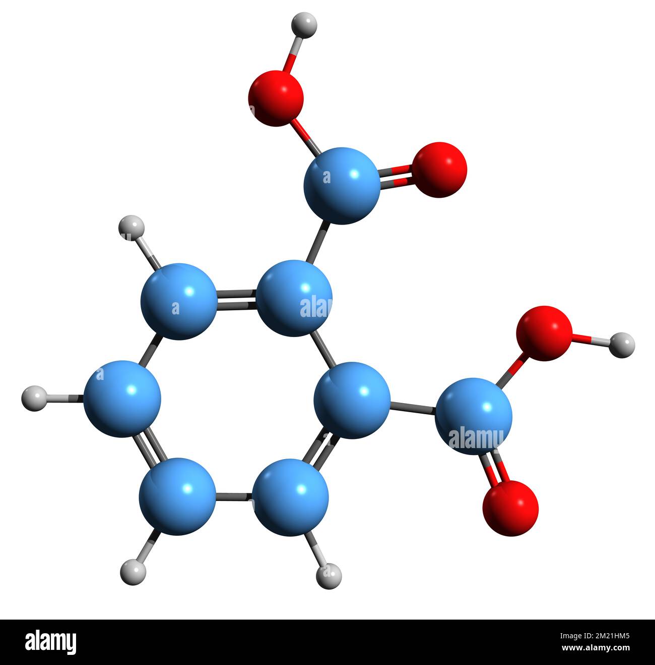 3D-Bild einer Phthalsäure-Skelettformel - molekularchemische Struktur der auf weißem Hintergrund isolierten Benzoldisäure Stockfoto