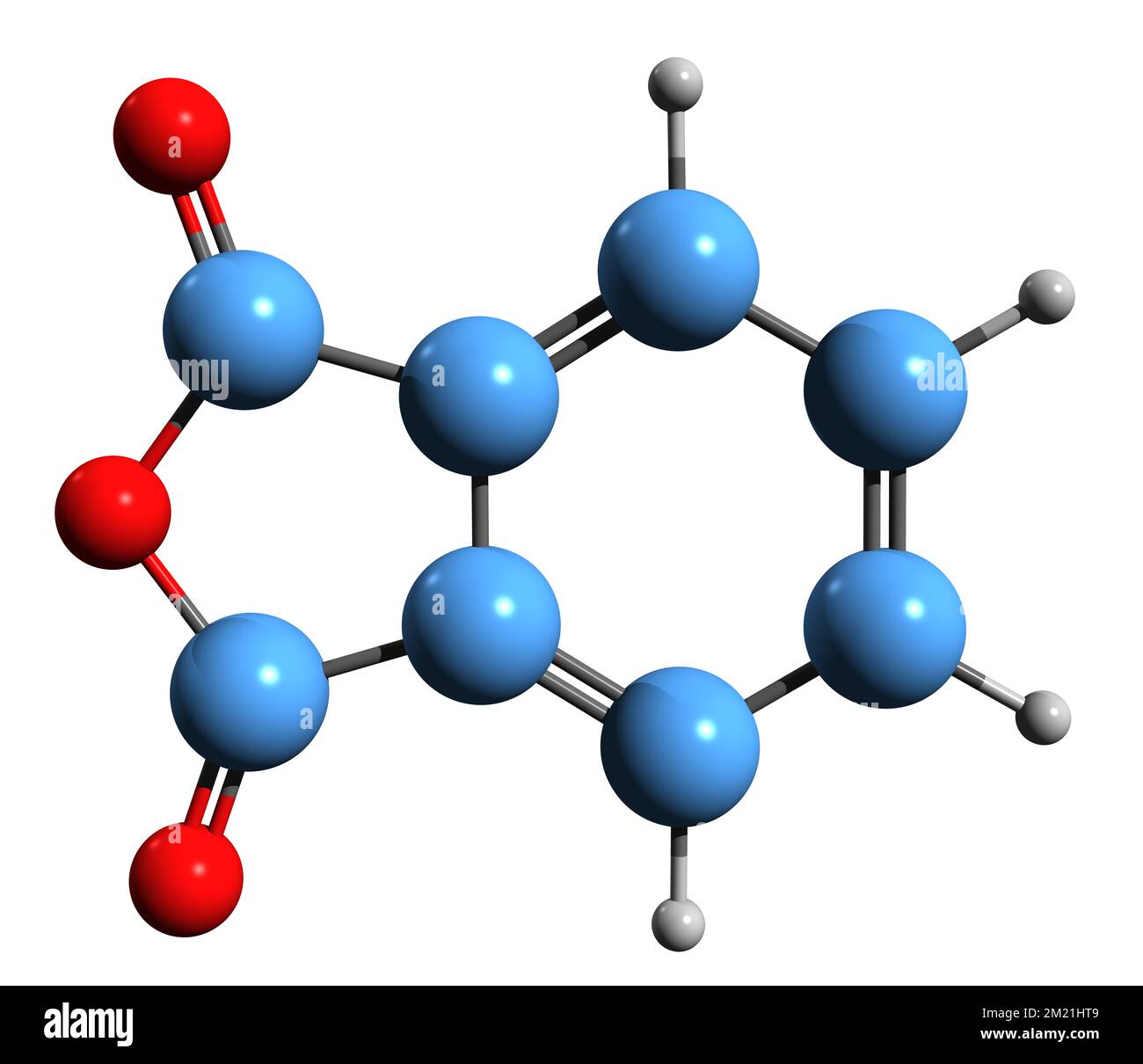 3D-Bild der Phthalsäureanhydrid-Skelettformel - molekularchemische Struktur von Isobenzofuran-Dion isoliert auf weißem Hintergrund Stockfoto