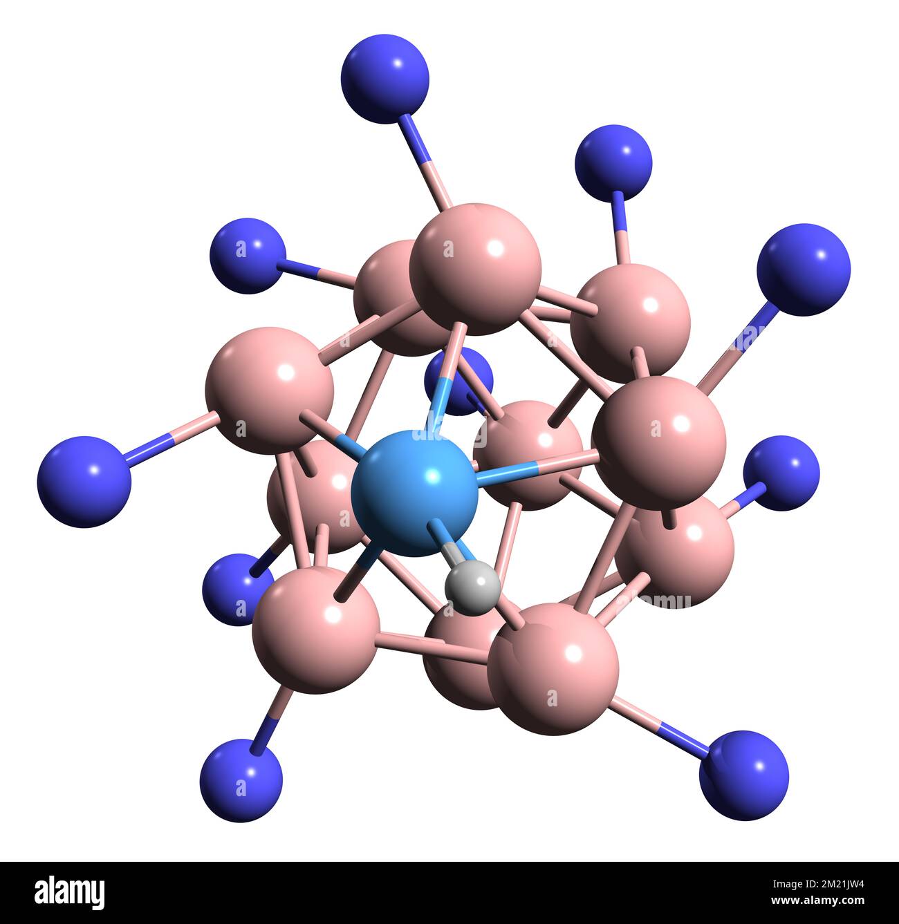 3D-Bild der fluorierten Carboransäure-Skelettformel - molekularchemische Struktur der Organoboron-Verbindung isoliert auf weißem Hintergrund Stockfoto