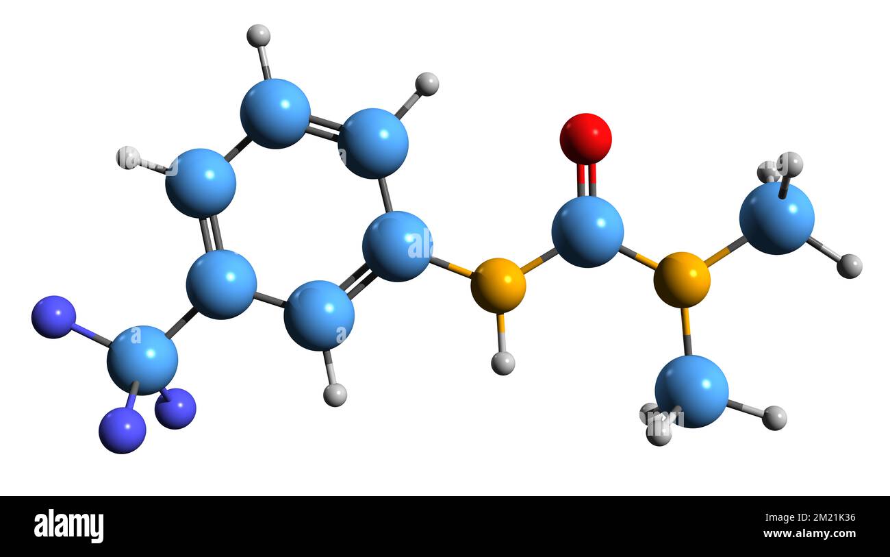 3D-Bild der Fluometuron-Skelettformel - molekularchemische Struktur des auf weißem Hintergrund isolierten Herbizids Stockfoto