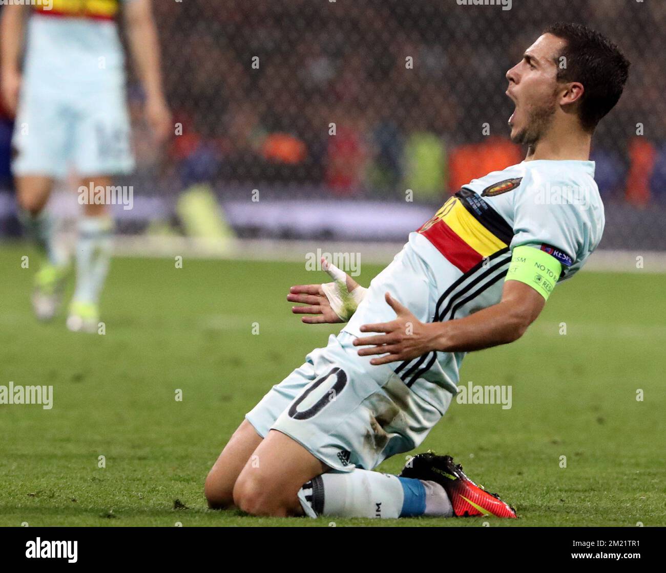 Die belgische Eden Hazard feiert nach dem 0-3. Tor bei einem Fußballspiel zwischen der belgischen Nationalmannschaft Red Devils und Ungarn in der Runde 16 der UEFA Euro 2016-Europameisterschaft am Sonntag, den 26. Juni 2016, in Toulouse, Frankreich. Das Turnier EURO2016 findet vom 10. Juni bis zum 10. Juli statt. BELGA FOTO BRUNO FAHY Stockfoto