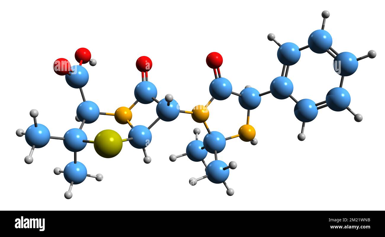 3D Bild der Skelettformel von Hetacillin - molekulare chemische Struktur des Beta-Lactam-Antibiotikums, isoliert auf weißem Hintergrund Stockfoto