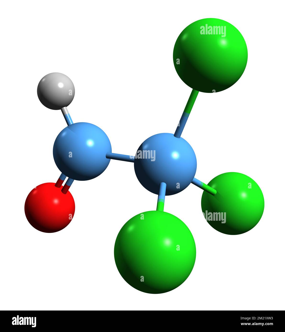 3D-Bild einer chloralen Skelettformel - molekularchemische Struktur von Trichloräthanol, isoliert auf weißem Hintergrund Stockfoto