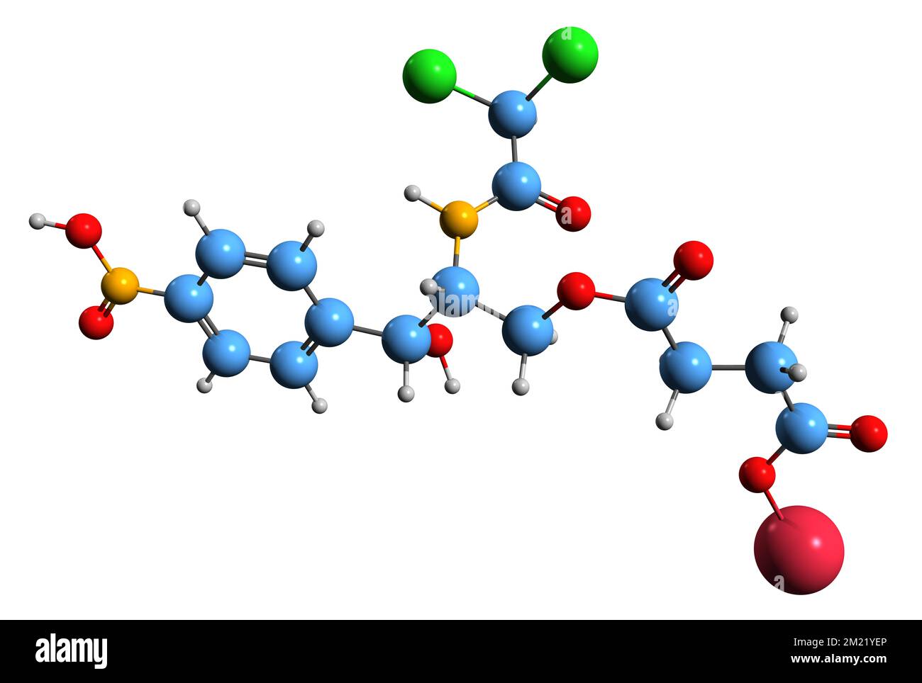3D-Bild einer Chloramphenicol-Natrium-Succinat-Skelettformel - molekularchemische Struktur eines auf weißem Hintergrund isolierten Breitbandantibiotikums Stockfoto
