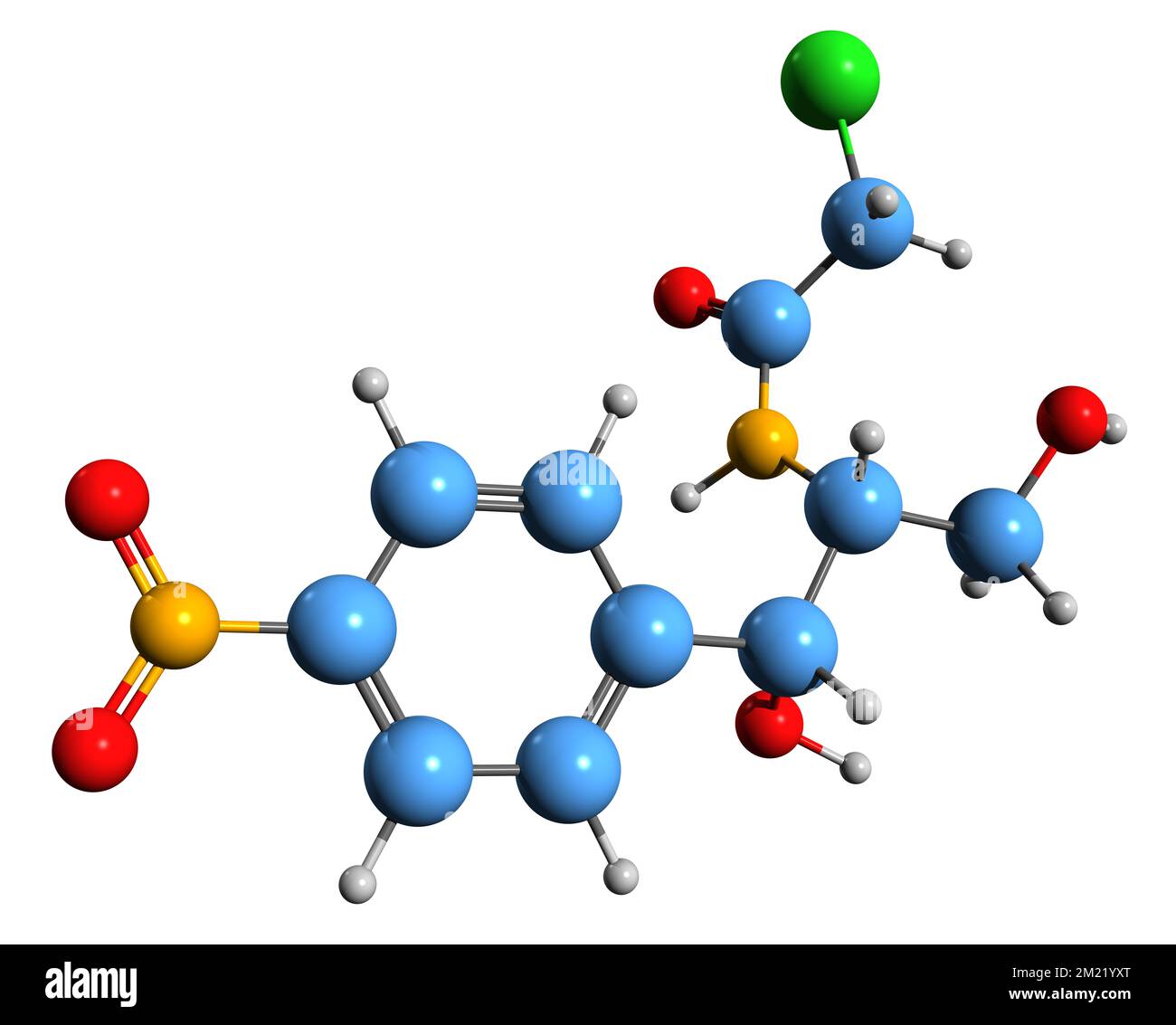 3D-Bild einer Chloramphenicol-Skelettformel - molekularchemische Struktur eines auf weißem Hintergrund isolierten Antibiotikums Stockfoto