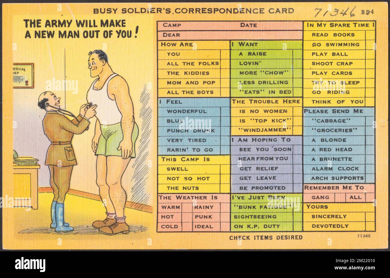 Die Korrespondenzkarte eines beschäftigten Soldaten. Die Armee wird einen neuen Mann aus dir machen! , Medizinische Untersuchungen, Tichnor Brothers Collection, Postkarten der Vereinigten Staaten Stockfoto