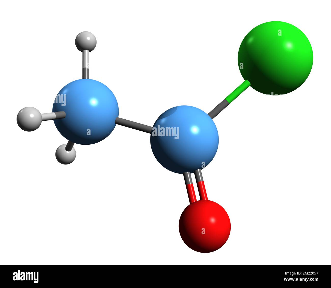 3D-Bild der Acetylchlorid-Skelettformel - molekularchemische Struktur von Ethanoylchlorid isoliert auf weißem Hintergrund Stockfoto