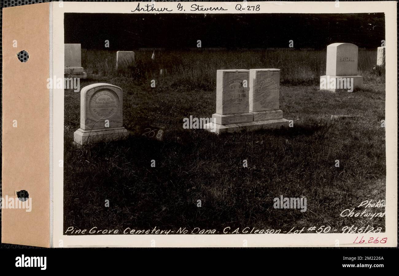 C. A. Gleason, Pine Grove Cemetery, Lot 50, North Dana, Mass., 25. September 1928 : Arthur G. Stevens, Q-278 , Wasserwerke, Reservoirs, Wasserverteilungsstrukturen, Immobilien, Friedhöfe Stockfoto