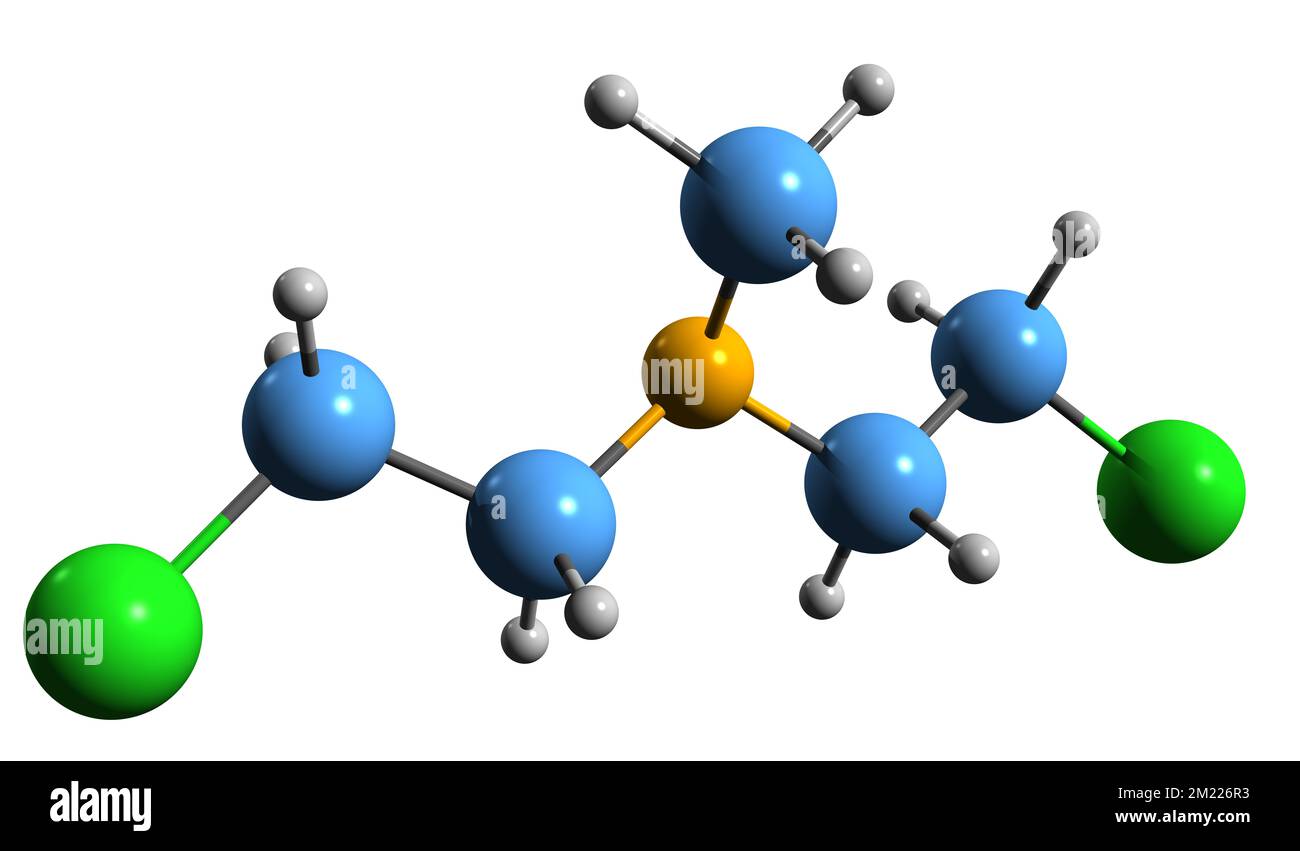 3D-Bild der Mechlorethamin-Skelettformel - molekularchemische Struktur des auf weißem Hintergrund isolierten antineoplastischen mittels Stockfoto