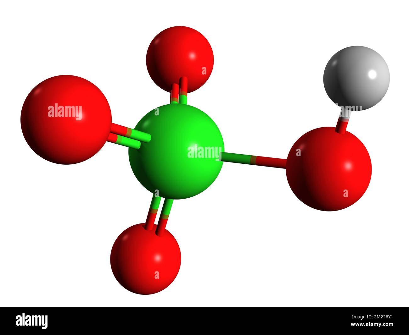 3D-Bild der Perchlorsäure-Skelettformel - molekularchemische Struktur der auf weißem Hintergrund isolierten Hyperchlorsäure Stockfoto