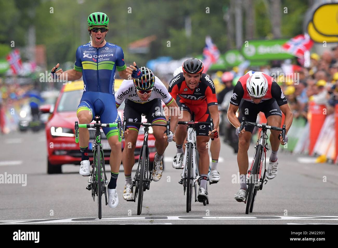 Australischer Michael Matthews von Orica GreenEDGE, slowakischer Peter Sagan von Tinkoff, belgischer Greg Van Avermaet vom BMC Racing Team und norwegischer Edvald Boasson Hagen von Dimension Data Sprint für das Ende der zehnten Etappe der 103.. Ausgabe des Radrennen Tour de France, 197km aus Escaldes-Engordany, Andorra nach Revel, Frankreich, am Dienstag, den 12. Juli 2016. Stockfoto