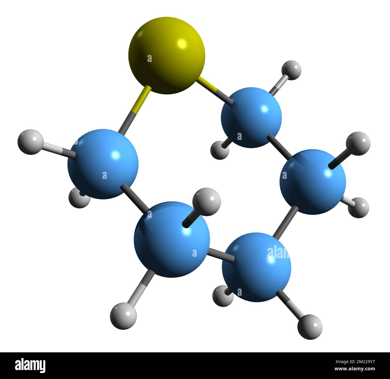 3D-Bild einer Thian-Skelettformel - molekularchemische Struktur von Tetrahydro-2H-thiopyran isoliert auf weißem Hintergrund Stockfoto