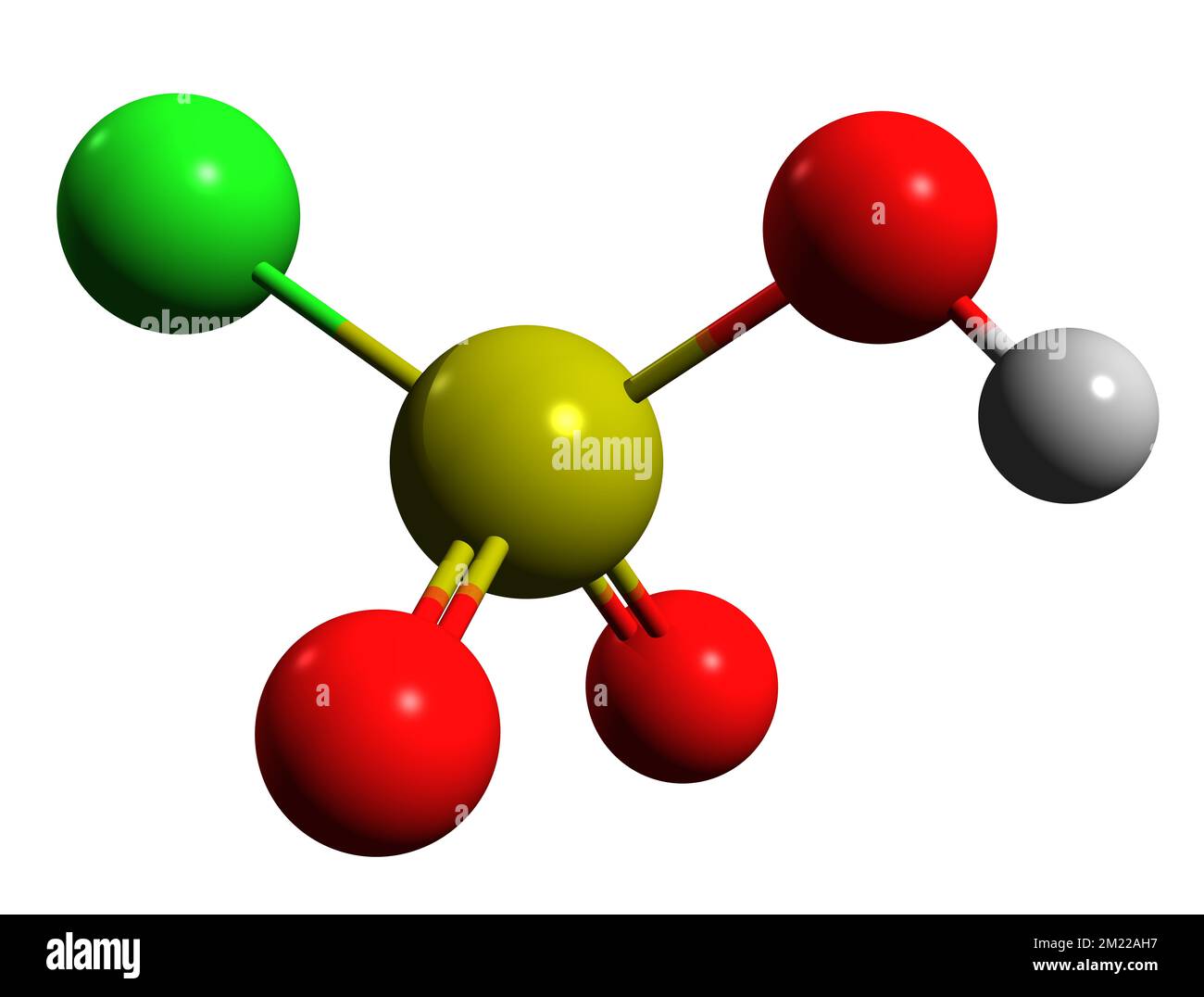 3D-Bild der Chlorschwefelsäure-Skelettformel - molekularchemische Struktur der auf weißem Hintergrund isolierten Sulfurochloridsäure Stockfoto