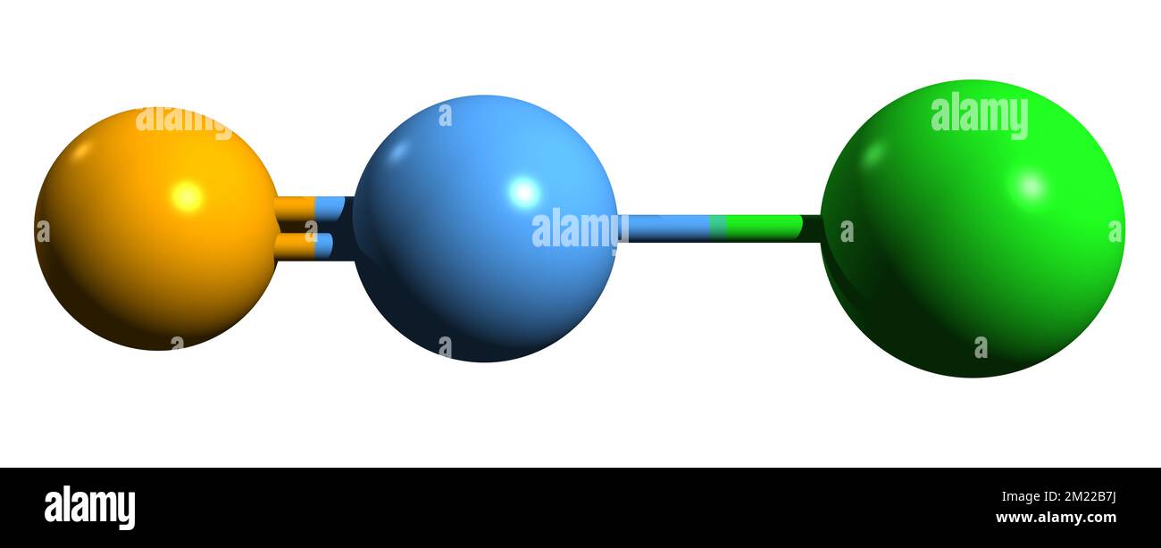 3D-Bild der Cyanogenchlorid-Skelettformel - molekularchemische Struktur hochtoxischer chemischer Verbindungen, isoliert auf weißem Hintergrund Stockfoto