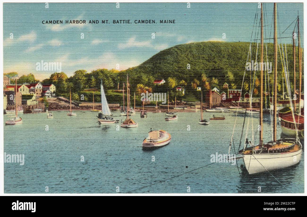 Camden Harbor und Mt. Battie, Camden, Maine, Häfen, Berge, Boote, Tichnor Brothers Collection, Postkarten der Vereinigten Staaten Stockfoto
