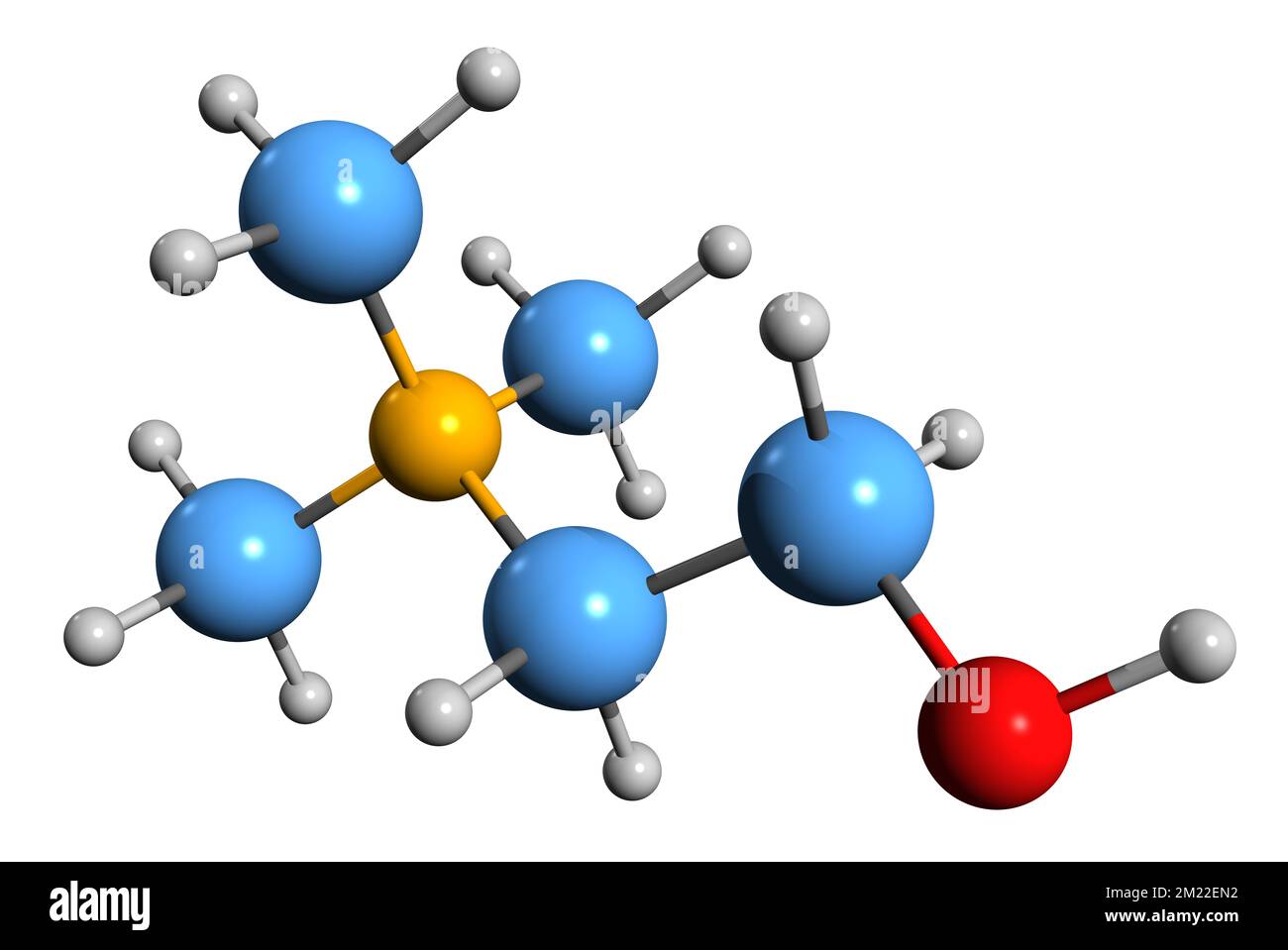 3D-Bild der Cholin-Skelettformel - molekularchemische Struktur des essentiellen Nährstoffs Bilineurin isoliert auf weißem Hintergrund Stockfoto