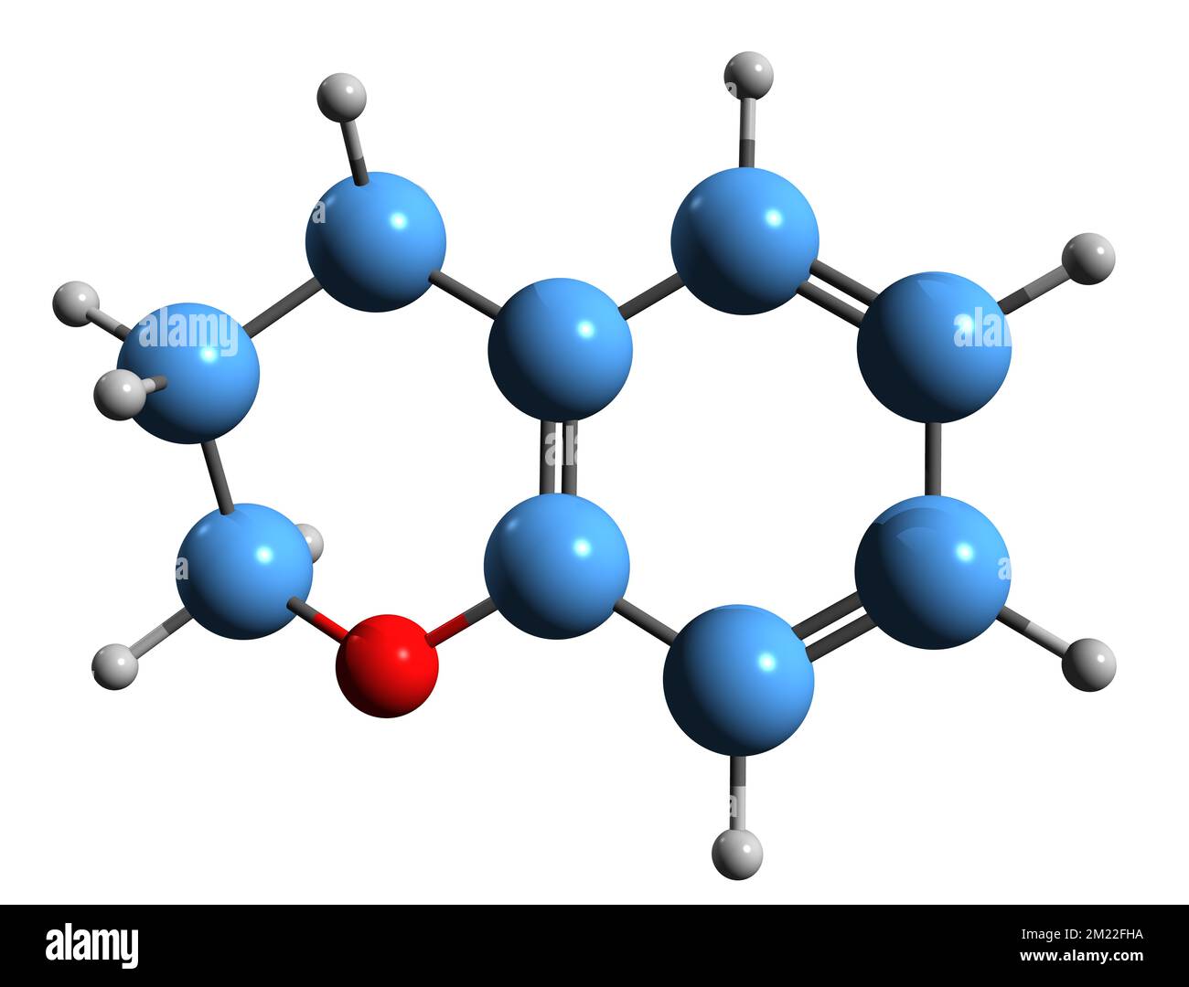 3D-Bild einer Chroman-Skelettformel - molekularchemische Struktur von Benzodihydropyran isoliert auf weißem Hintergrund Stockfoto
