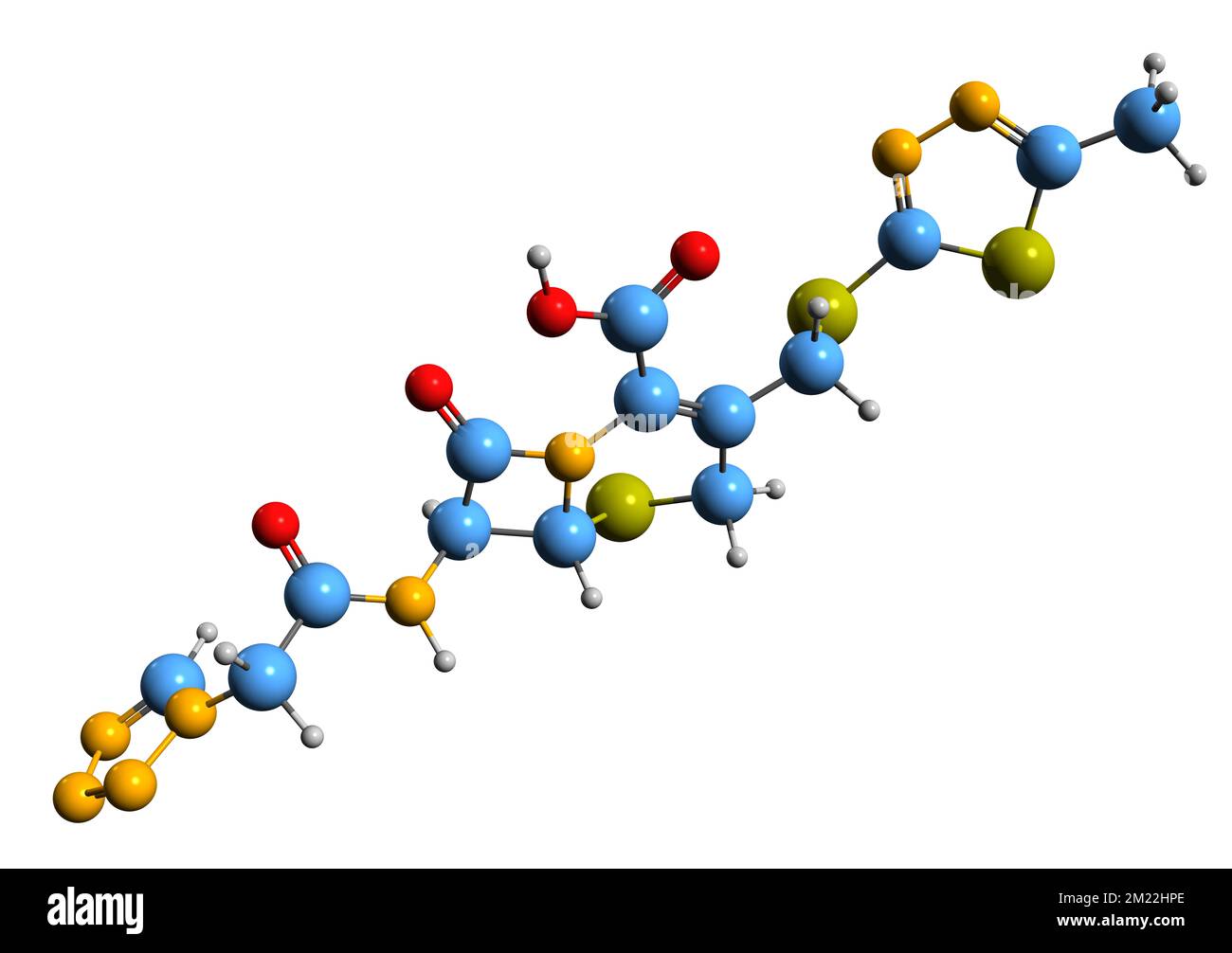 3D-Bild einer Cefazolin-Skelettformel - molekularchemische Struktur eines auf weißem Hintergrund isolierten Cephalosporin-Antibiotikums Stockfoto
