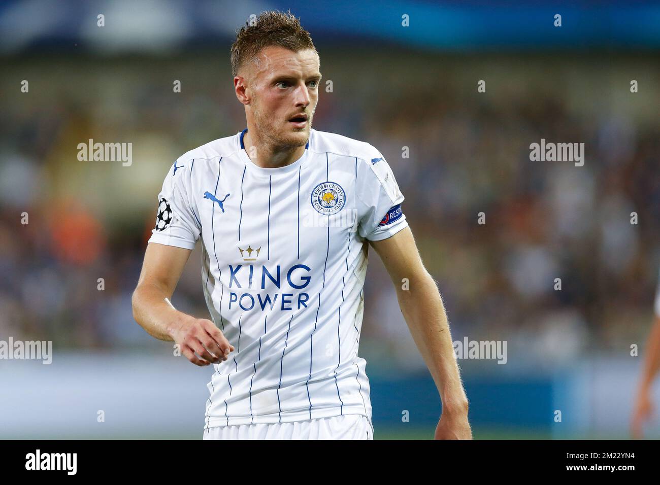 Jamie Vardy von Leicester wurde während eines Spiels des ersten Tages der Gruppenphase des UEFA Champions League-Wettbewerbs zwischen dem belgischen Fußballteam Club Brugge KV und dem englischen Verein Leicester City F.C. in der Gruppe G in Brügge am Mittwoch, den 14. September 2016, gezeigt. BELGA FOTO BRUNO FAHY Stockfoto