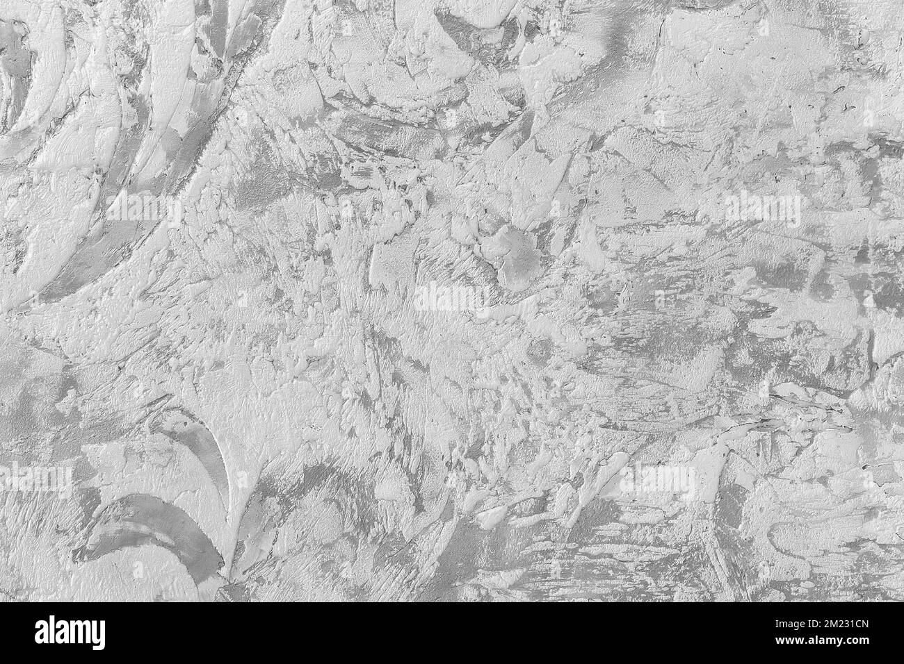 Abstraktes hellweißes Muster dekorativer Putz Wandstruktur Stuck monochromer Hintergrund. Stockfoto