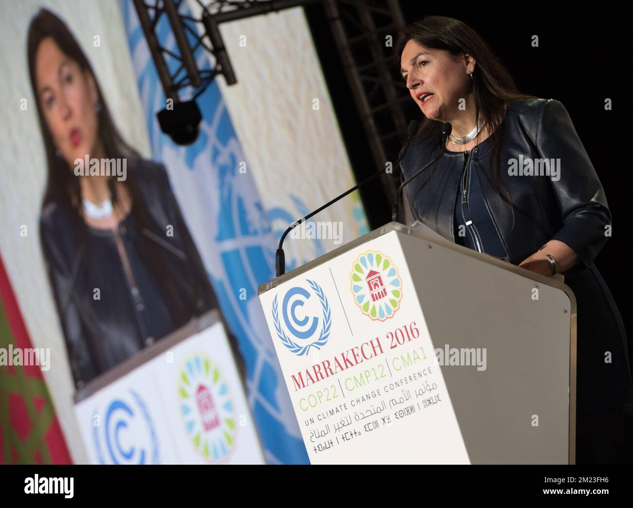 Marie-Christine Marghem, Ministerin für Energie, Umwelt und nachhaltige Entwicklung, hält am Mittwoch, den 16. November 2016 in Marrakesch (Marokko), auf der COP22. Weltklimakonferenz der Vereinten Nationen 2016 eine Rede. Stockfoto