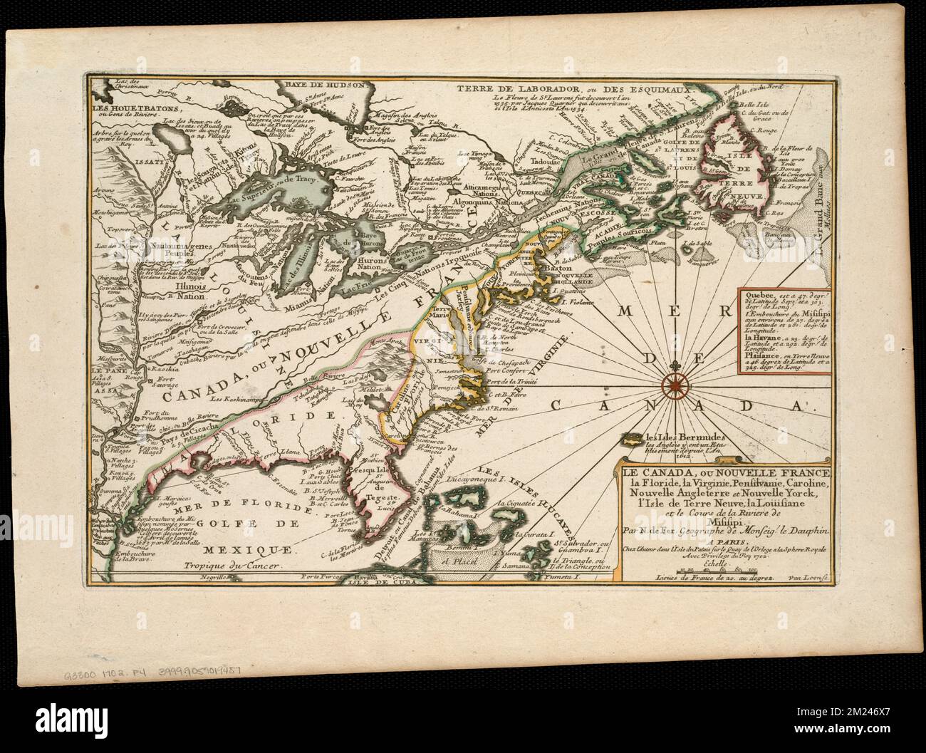 Le Canada, ou Nouvelle France, la Floride, la Virginie, Pensilvanie, Caroline, Nouvelle Angleterre et Nouvelle Yorck, l'Isle de Terre Neuve, la Louisiane, et le cours de la riviere de Misisipi , Nordamerika, Karten, frühe Werke von 1800 Norman B. Leventhal Map Center Collection Stockfoto