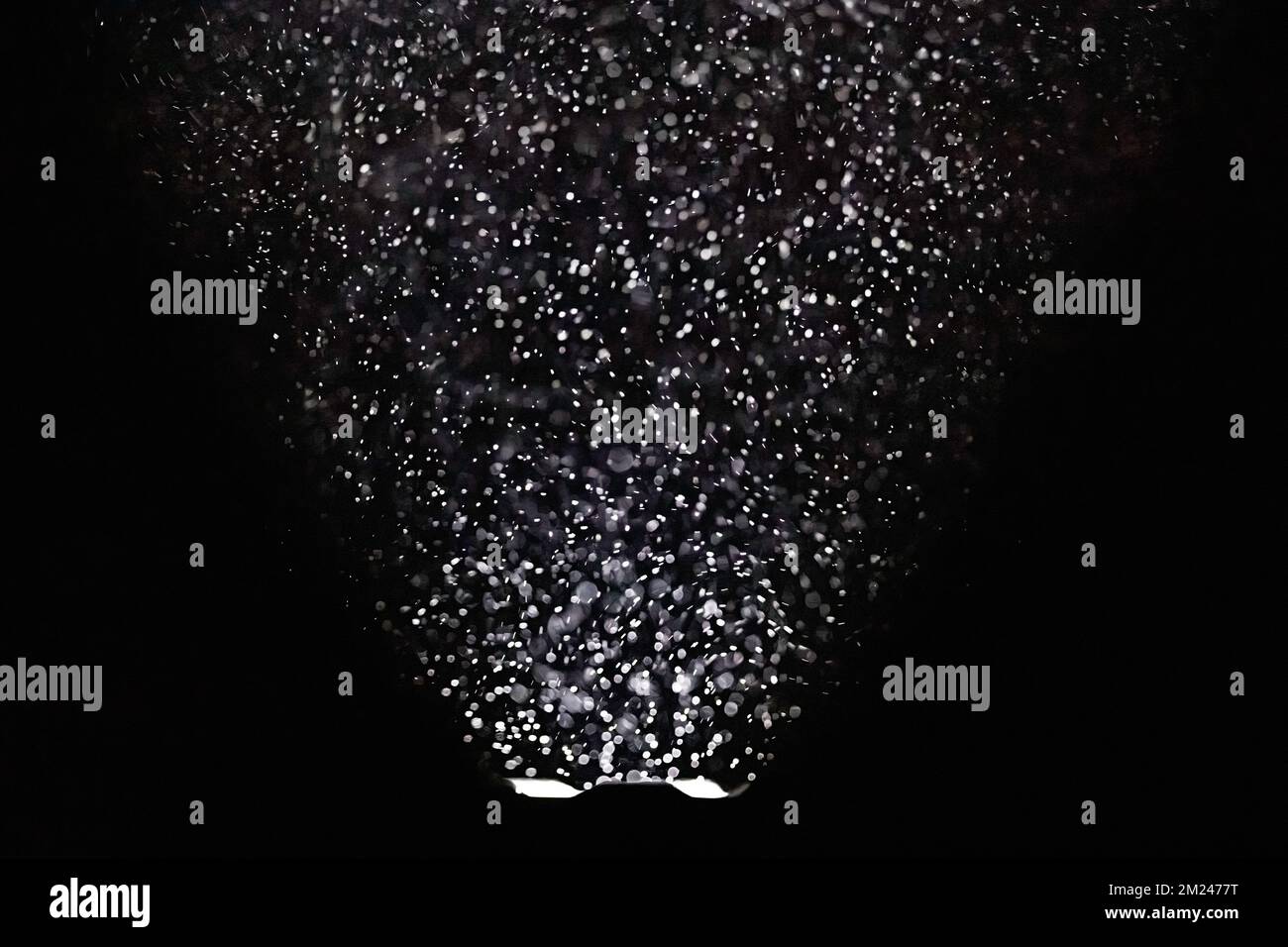 Ein Taschenlampenstrahl, der Wassermoleküle in einer nebligen Nacht beleuchtet. Stockfoto
