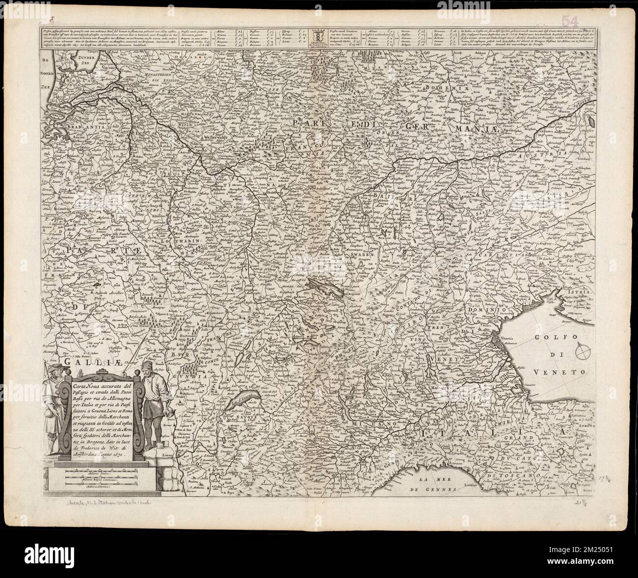 Carta noua accurate ata del passagio et strada dalli Paesi Bassi per via de Allemagna per Italia et per via di Paesi Suizeri à Geneua, Lione et Roma per seruizio delli marchanti et viagianti in gen[er]ale ad instanza delli SS. Scherer et di Momforti speditori delli marchantie in Bregens , Road, Europe, Central, Maps, Frühe Arbeiten bis 1800, Europa, Mitte, Karten, frühe Arbeiten bis 1800 Norman B. Leventhal Map Center Collection Stockfoto