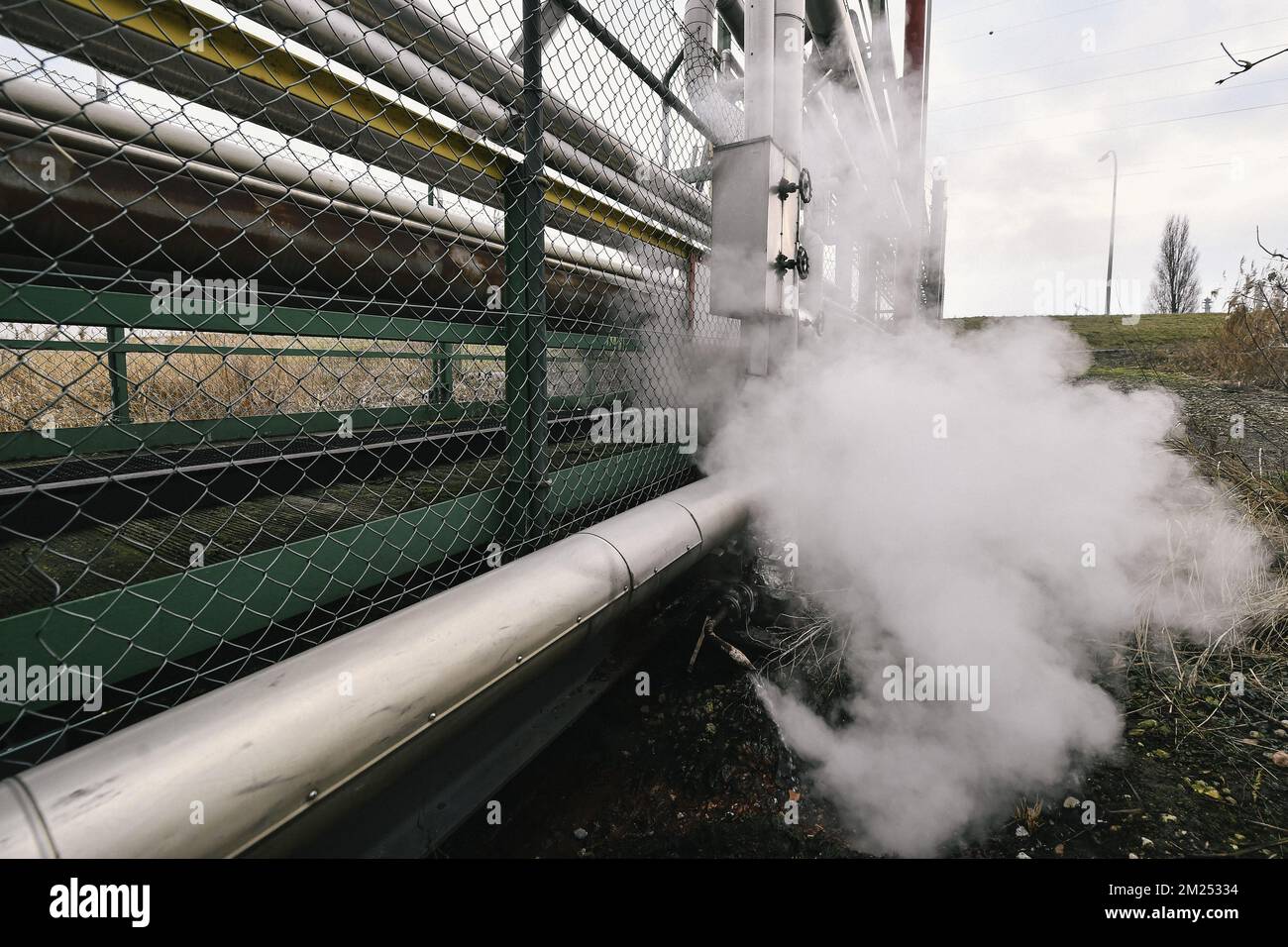 Abbildung zeigt den Beginn der Installation einer Pipeline, die Teil eines preisgekrönten Projekts ist, mit dem die Energieversorgung mehrerer Chemieunternehmen im Hafen von Waasland durch ein Wärmenetz ersetzt werden soll, am Montag, den 06. Februar 2017. BELGA FOTO DIRK WAEM Stockfoto