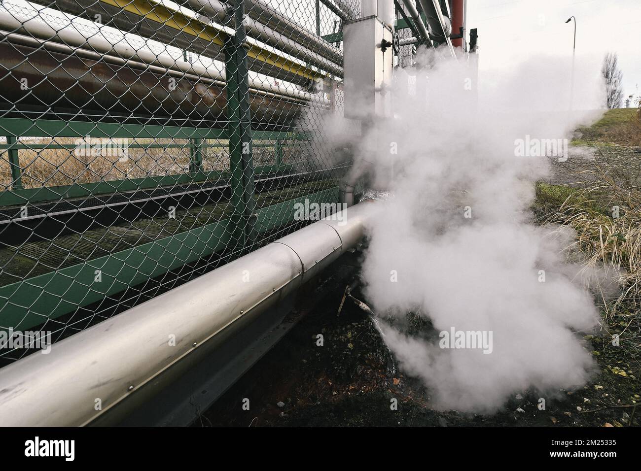 Abbildung zeigt den Beginn der Installation einer Pipeline, die Teil eines preisgekrönten Projekts ist, mit dem die Energieversorgung mehrerer Chemieunternehmen im Hafen von Waasland durch ein Wärmenetz ersetzt werden soll, am Montag, den 06. Februar 2017. BELGA FOTO DIRK WAEM Stockfoto