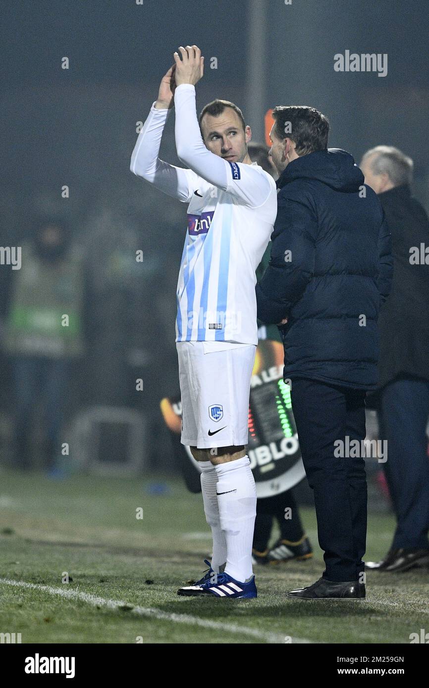 Thomas Buffel von Genk wurde bei einem Spiel der ersten Etappe zwischen dem rumänischen Verein Astra Giurgiu und der belgischen Fußballmannschaft RC Genk im Finale der Europa League am Donnerstag, den 16. Februar 2017, in Giurgiu, Rumänien, 1/16 vorgestellt. BELGA FOTO YORICK JANSENS Stockfoto