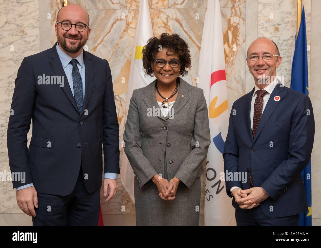 Der belgische Ministerpräsident Charles Michel, der Generalsekretär der Französischen Föderation Michaelle Jean und der Präsident der Wallonischen Föderation – Brüssel – Rudy Demotte, Ministerpräsident der belgischen Föderation, Ministerpräsident der Wallonie Brüssel und internationale Organisation der Frankophonie, bildeten vor einem Treffen am Mittwoch, den 08. März 2017. BELGA FOTO BENOIT DOPPPAGNE Stockfoto