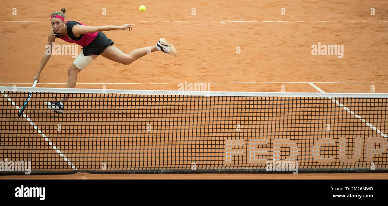 Belgische Elise Mertens im fünften und letzten Spiel, das Doppelspiel zwischen dem russischen Paar Anna Blinkova und Daria Kasatkina und dem belgischen Paar an-Sophie Mestach und Elise Mertens, im Fed Cup World Group Play Off zwischen Russland und Belgien, Sonntag, den 23. April 2017, In der kleinen Sportarena Luzhniki in Moskau, Russland. BELGA FOTO BENOIT DOPPPAGNE Stockfoto