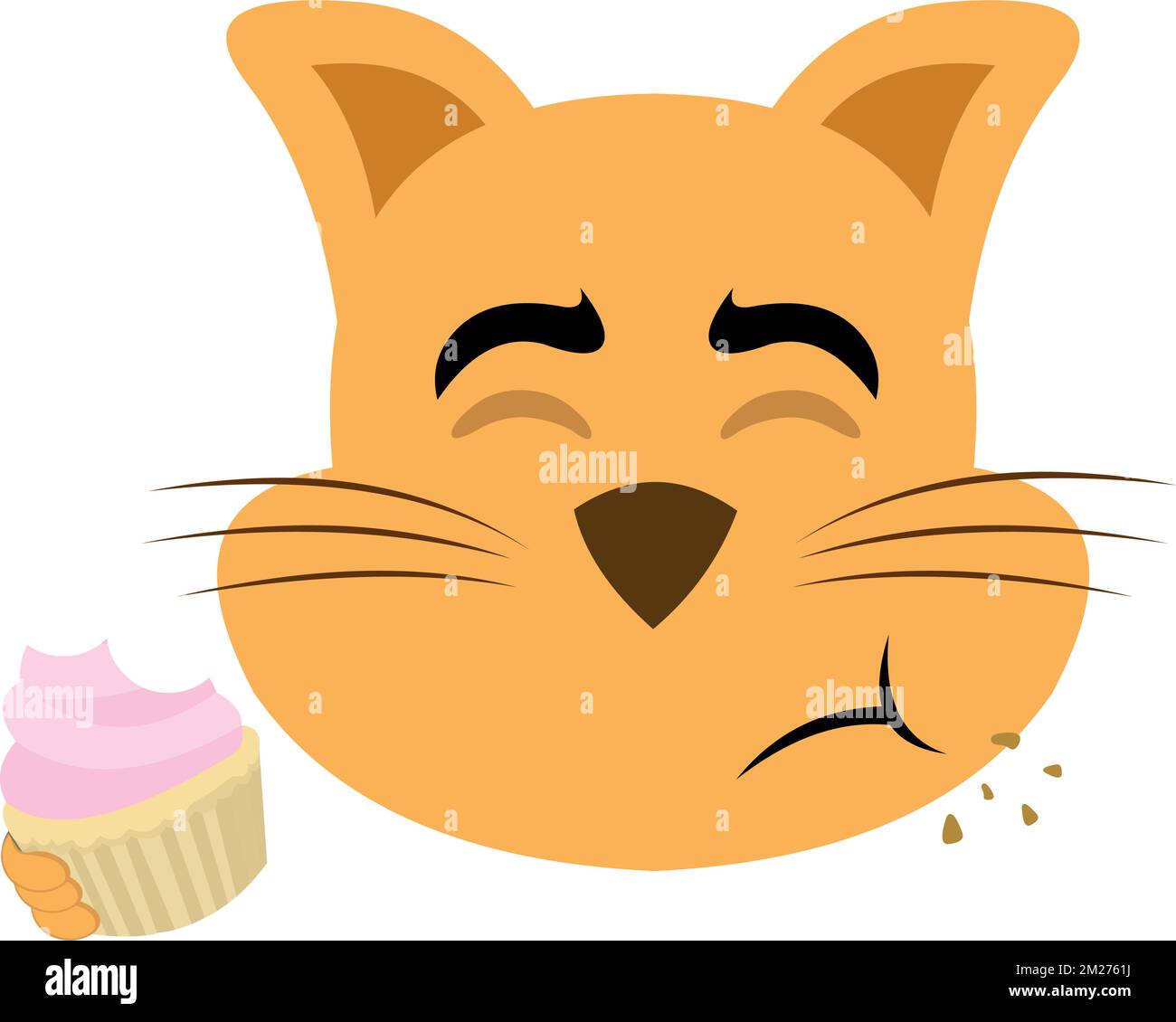 Vektordarstellung des Gesichts einer Cartoon-Katze, die einen Cupcake oder Muffin isst Stock Vektor