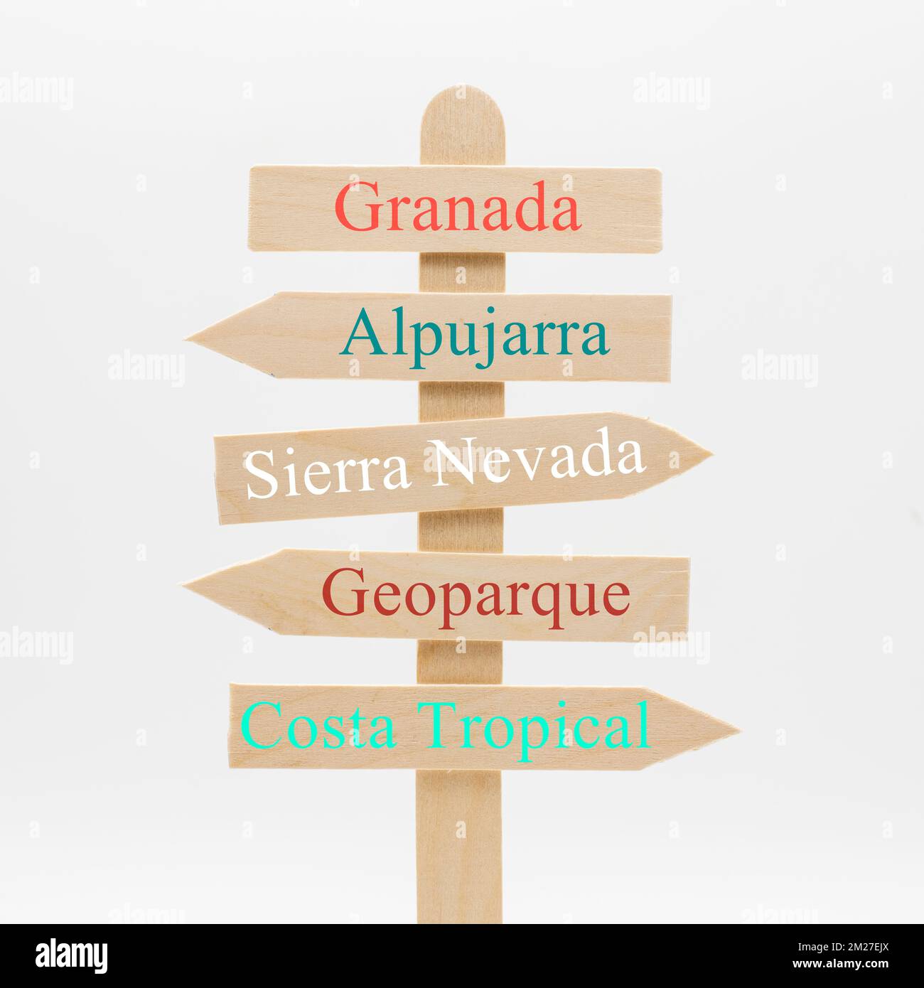 Poste indicador con los destinos mas importantes de la Provincia de Granada, España Stockfoto