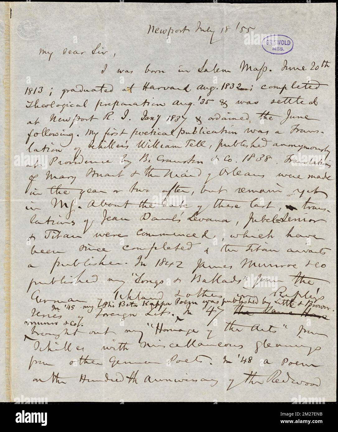 Charles Timothy Brooks, Newport, RI., Autogrammbrief unterzeichnet an R. W. Griswold, 13. Juli 1855 , amerikanische Literatur, 19.. Jahrhundert, Geschichte und Kritik, Autoren, Amerikaner, 19.. Jahrhundert, Korrespondenz, Autoren und Verleger, Dichter, Amerikaner, 19.. Jahrhundert, Korrespondenz, Brooks, Charles Timothy, 1813-1883. Rufus W. Griswold Papers Stockfoto