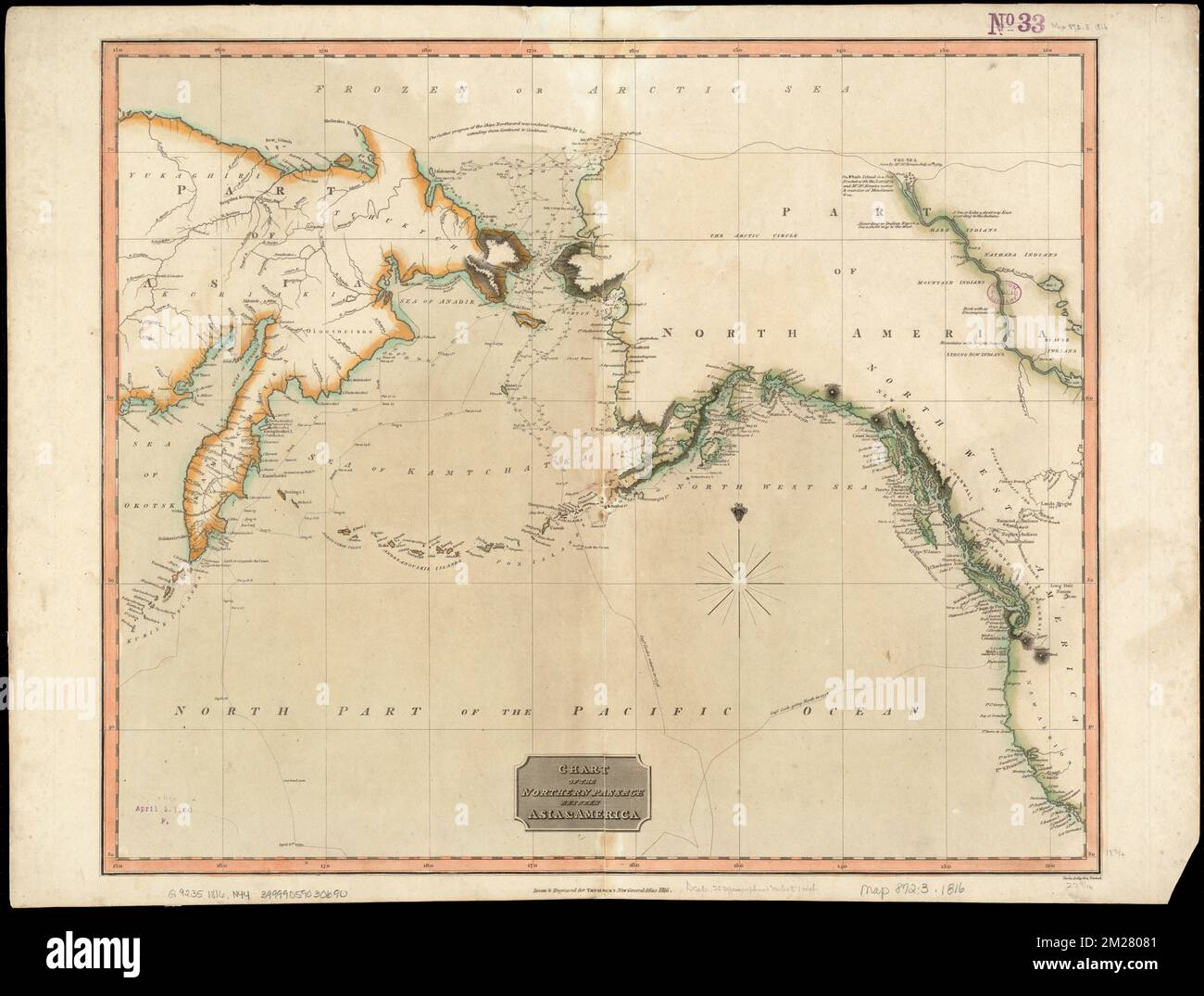 Karte der Nordpassage zwischen Asien und Amerika , Nordpazifik, Karten, Beringmeer, Karten, Bering Strait, Maps, 1816 Norman B. Leventhal Map Center Collection Stockfoto