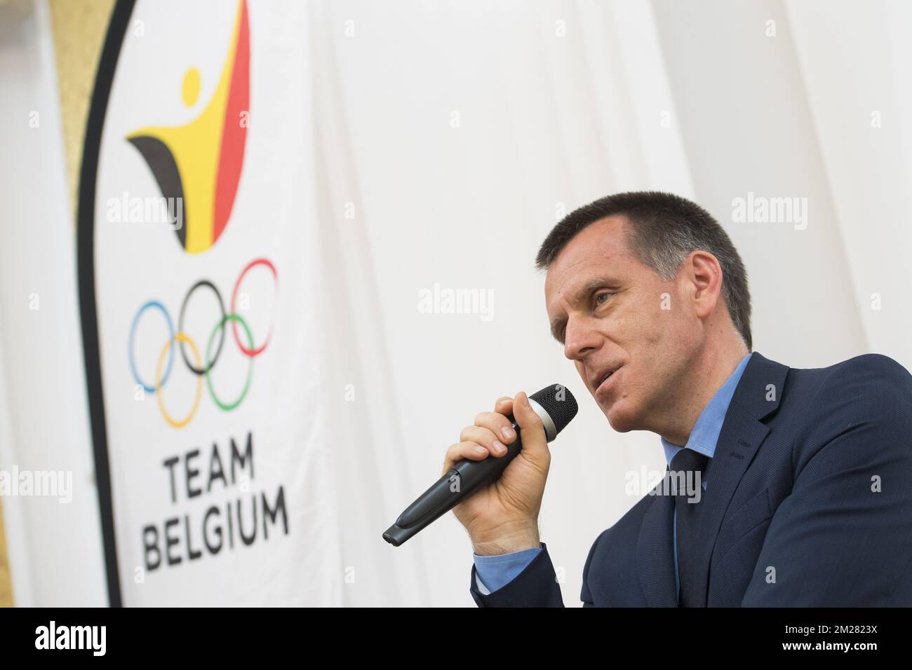 Artur Orzechowksi (polnischer Botschafter) wurde auf einer Pressekonferenz vorgestellt, um die belgischen Athleten zu präsentieren, die am Freitag, den 30. Juni 2017, in der polnischen Botschaft in Brüssel antreten werden. Die 2017. Ausgabe der Multisport-Weltspiele findet vom 20. Juli bis 30. Juli in Breslau (Polen) statt. BELGA FOTO JASPER JACOBS Stockfoto