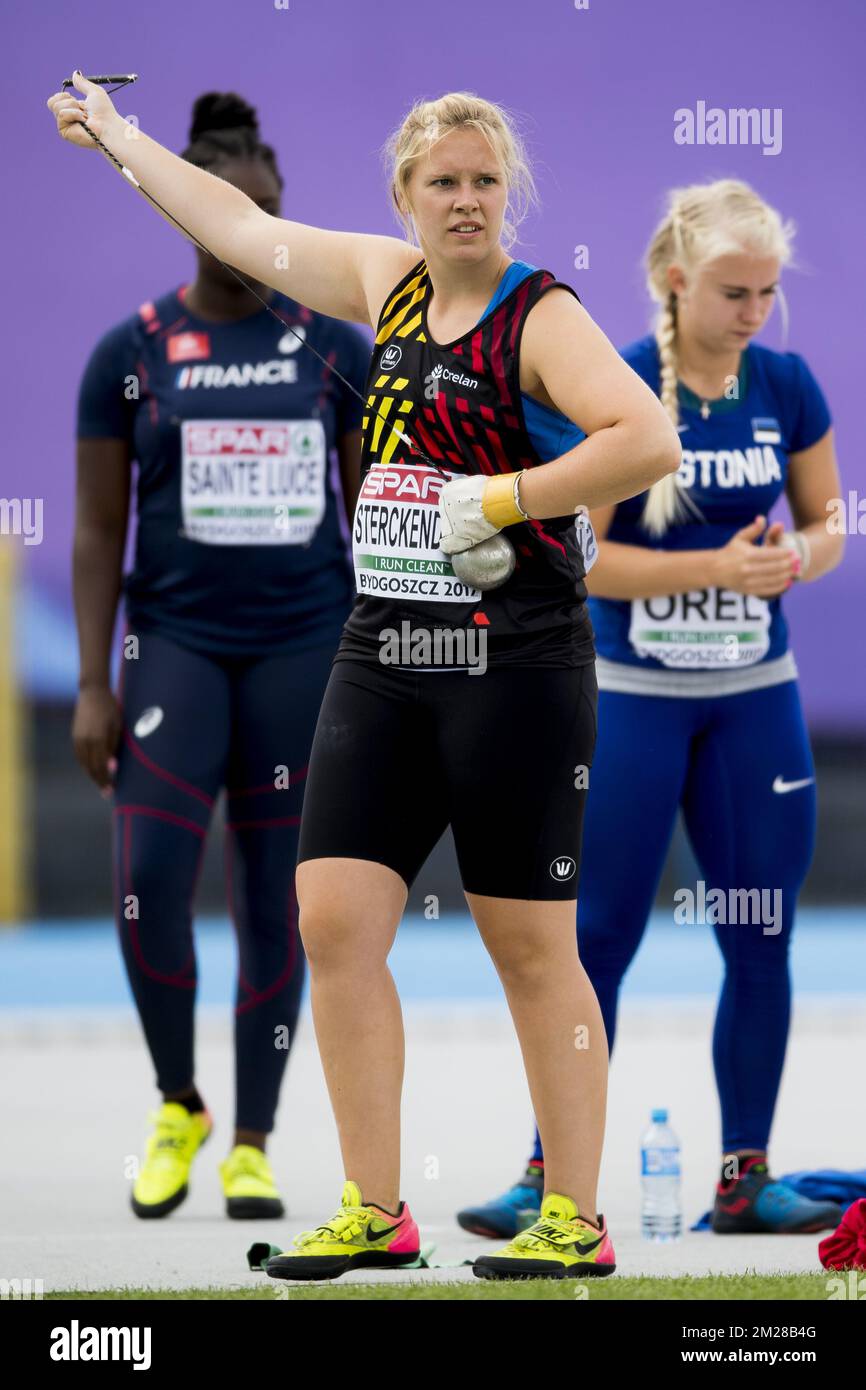 Vanessa Sterckendries wurde am zweiten Tag der Leichtathletik-Europameisterschaft unter 23 Jahren während des Schlagwerferwettbewerbs der Frauen in Bydgoszcz, Polen, am Freitag, den 14. Juli 2017 in Aktion gezeigt. BELGA FOTO JASPER JACOBS Stockfoto