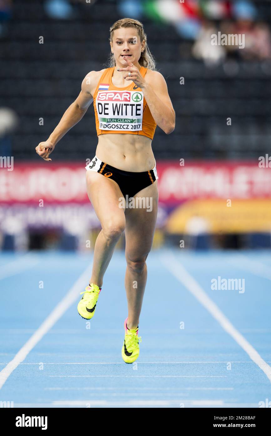 Die niederländische Laura De Witte spielte am zweiten Tag der Leichtathletik-Europameisterschaft unter 23 in Bydgoszcz, Polen, am Freitag, den 14. Juli 2017 während des 400m-Rennens der Frauen in Aktion. BELGA FOTO JASPER JACOBS Stockfoto