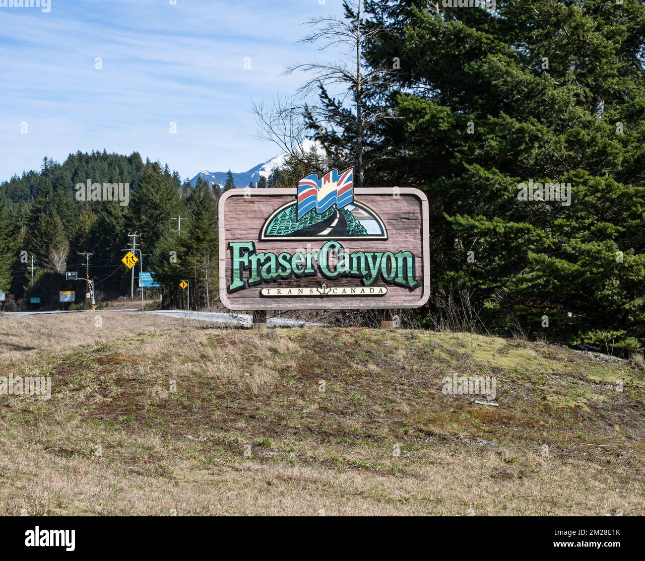 Fraser Canyon-Schild am Eingang zum Trans Canada Highway in Hope, British Columbia, Kanada Stockfoto