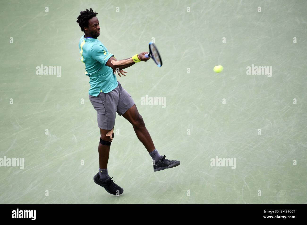 French Gael Monfils in Aktion während eines Tennisspiels zwischen dem belgischen David Goffin und dem französischen Gael Monfils, in der dritten Runde des Männer-Singles-Turniers beim US Open Grand Slam-Tennisturnier 117. in Flushing Meadows in New York City, USA, Samstag, den 02. September 2017. BELGA FOTO YORICK JANSENS Stockfoto