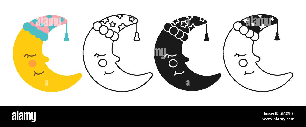 Crescent-Cartoon-Baby-Icon-Set. Gelbe, schläfrige Mondlinie oder Silhouette. Symbol Kinder Mond niedliche, einfache Kollektion. Hilfsgegenstände für Neugeborene. Geburtstagskind-Erinnerungs-Sammelalbum-Vektor Stock Vektor